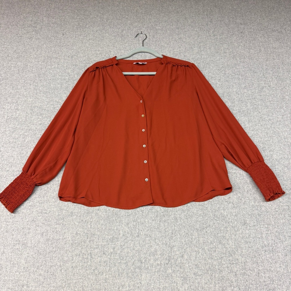 Nanette Lepore Blouse XL Rust Orange Smocked Ruffle Cuff V-Neck Button Front Top
